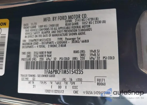 2021 Ford Mustang Gt Fastback z USA, uszkodzony, nr VIN 1FA6P8CF1M5154235